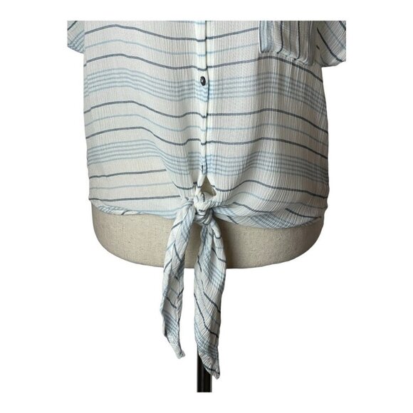 Olivaceous Blue White and‎ Gray Striped Tie Front Button Down Blouse M - Picture 5 of 9